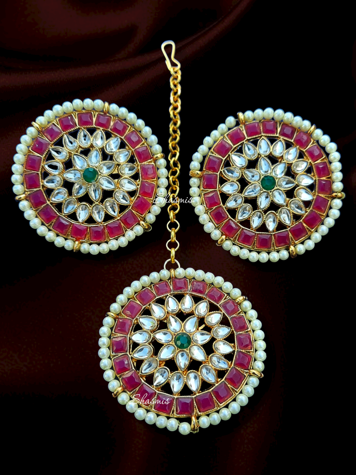 Pink Color Stone With Green Pearl On Drop Necklace With Earrings and Mangtika