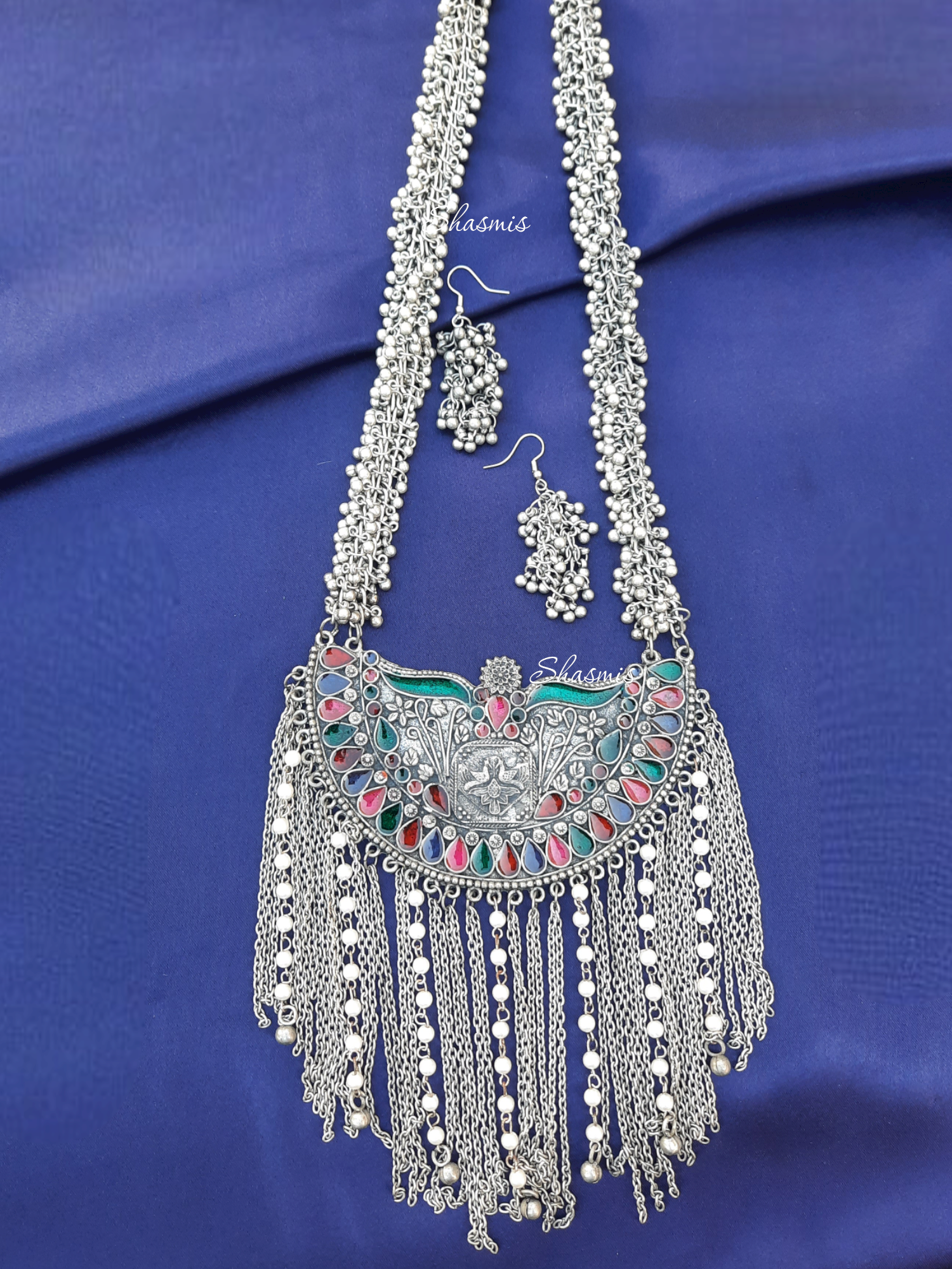 Long Silver Oxidised Wide Pendent With Drop Necklace 