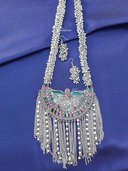 Long Silver Oxidised Wide Pendent With Drop Necklace 