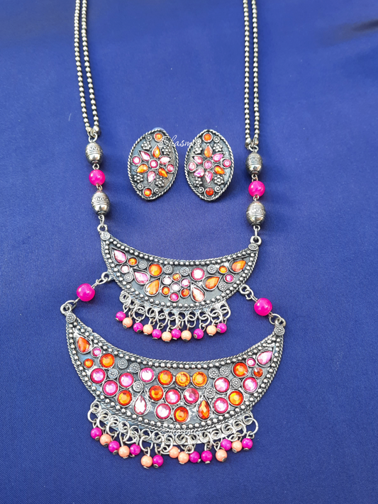 Pink and Orange Double Oxidised Pendent Necklace 