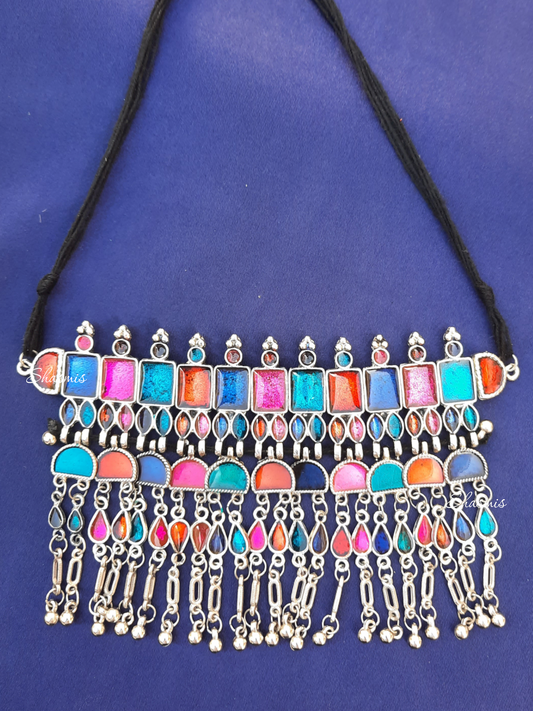Square Shade Sequence Colorful Oxidised Necklace 