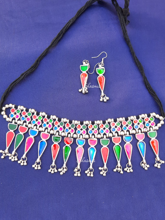 Wide Afghani Colorful Oxidised Necklace 