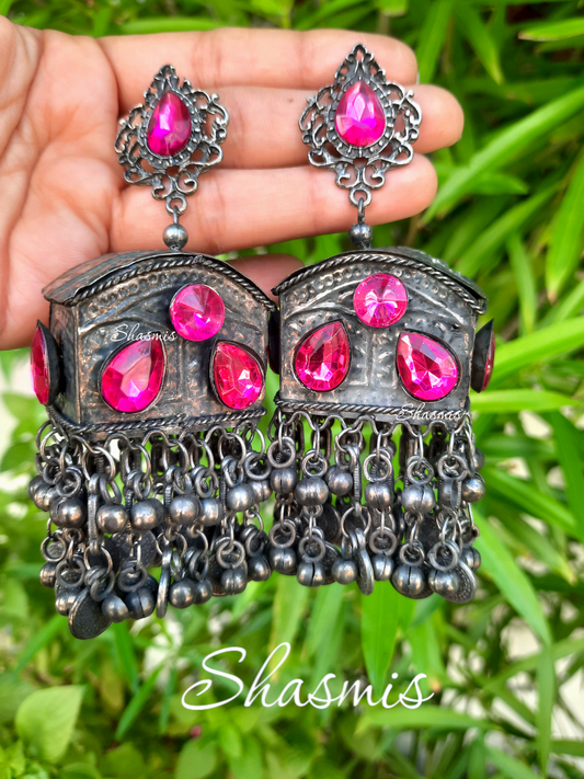 Pink Color Rheinstone Afghani Oxidised Earrings