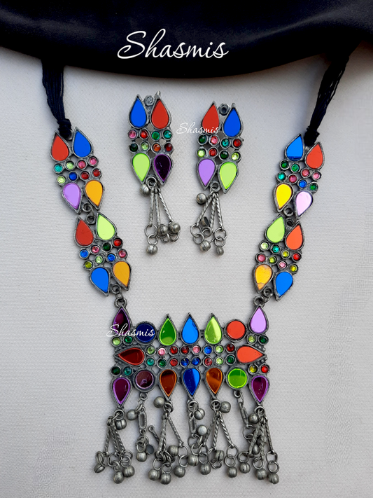 Long Afghani Multicolor Sequence Necklace With Earrings