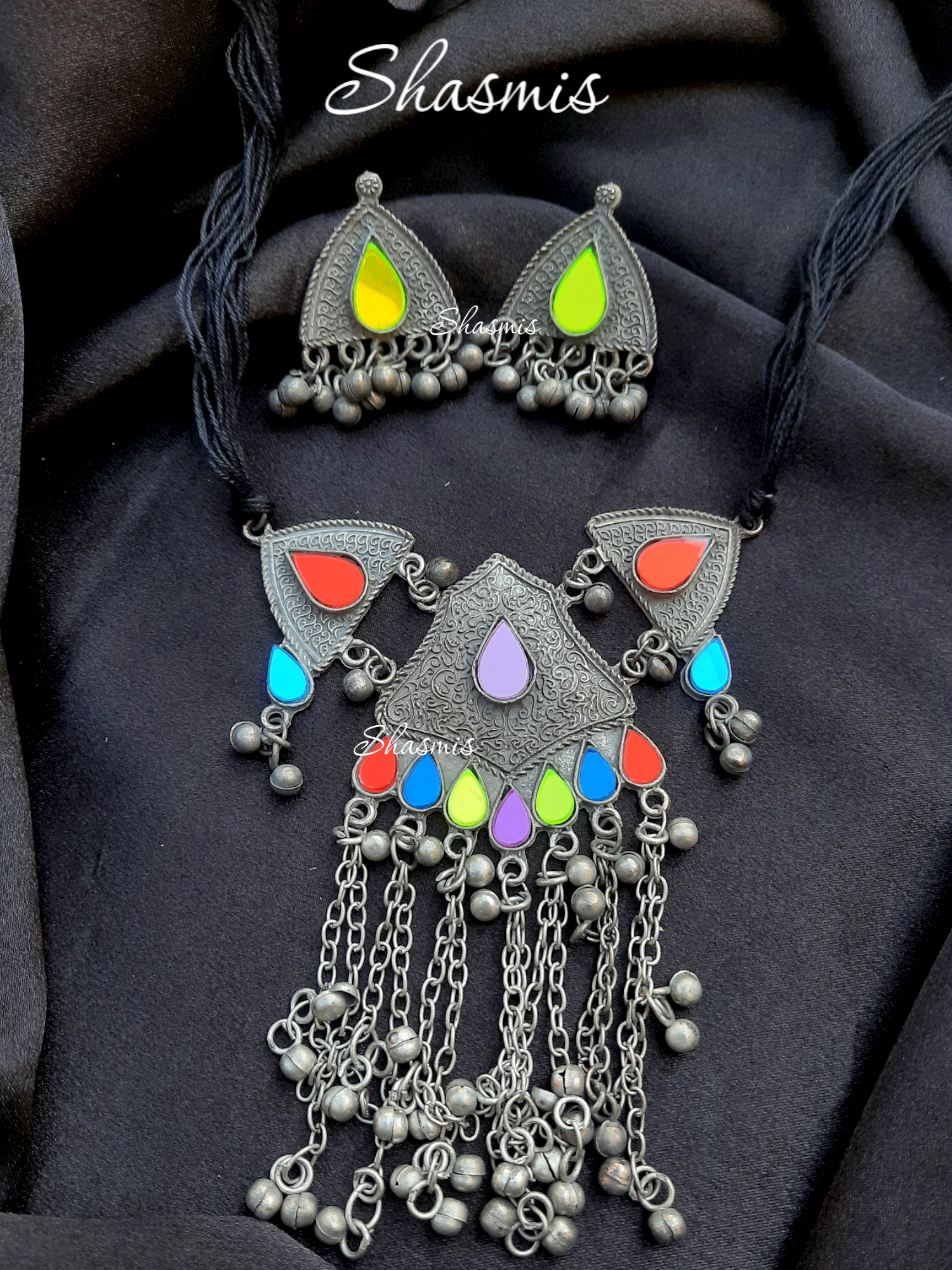 Afghani Choker With Long Ghungroo On Drop And Earrings