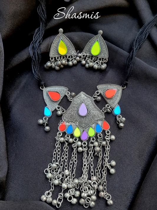Afghani Choker With Long Ghungroo On Drop And Earrings
