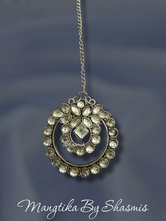 White Clear Stone Oxidised Silver Mangtika