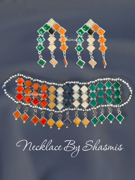 Square Design Colorful Choker with Earrings