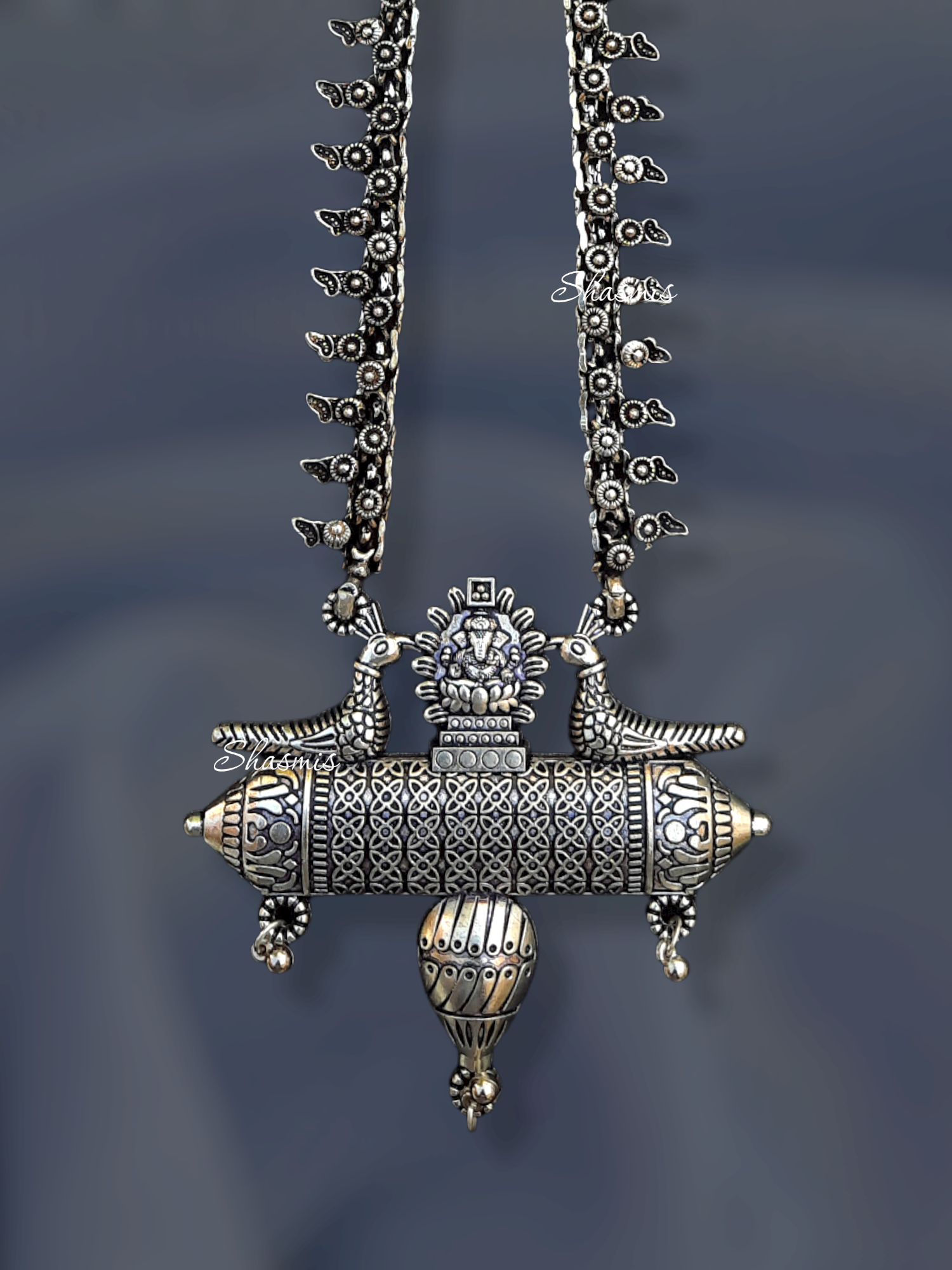 Ganpatti Bappa Long Silver Oxidised Necklace 