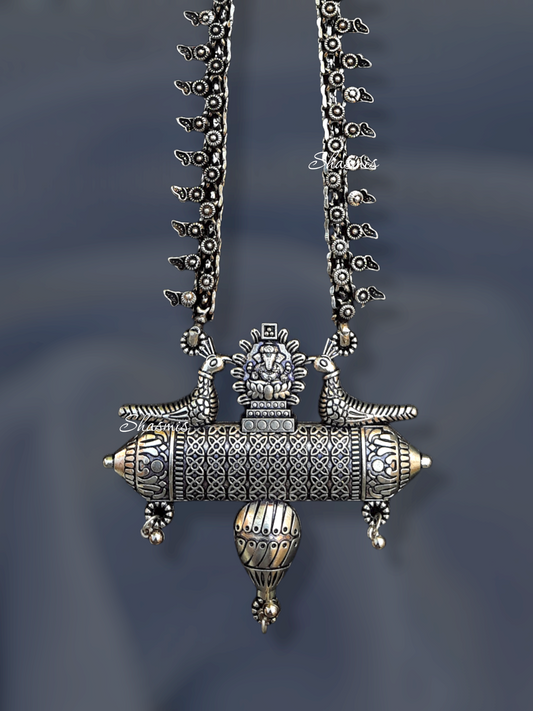 Ganpatti Bappa Long Silver Oxidised Necklace 