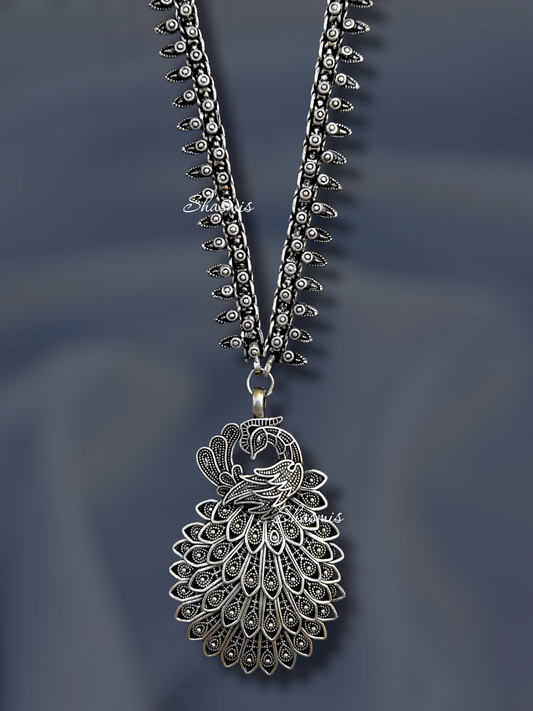 Peacock Feather Long Oxidised Silver Necklace