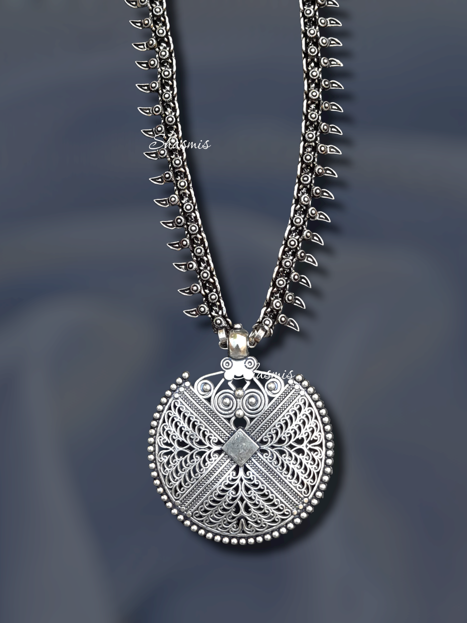 Coin Design Long Silver Necklace