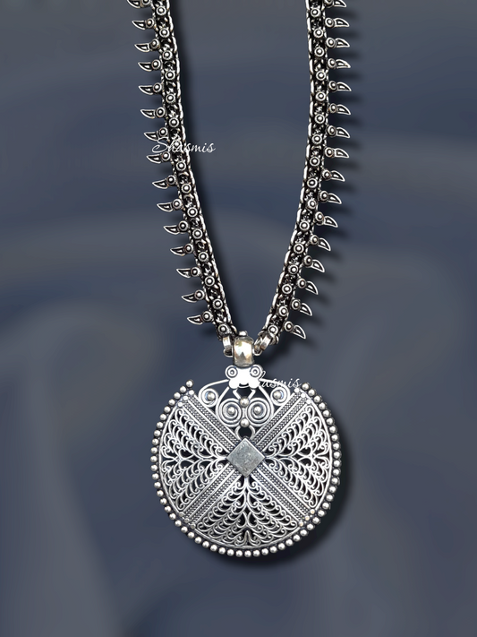 Coin Design Long Silver Necklace
