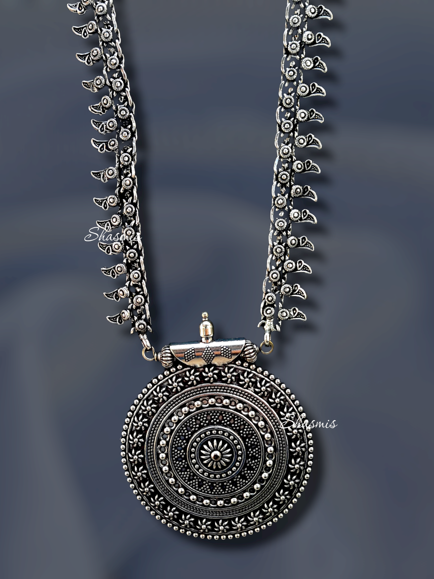 Long Oxidised Design Silver Necklace 