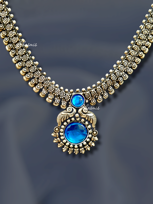 Blue Color Centre Stone Oxidised Necklace 