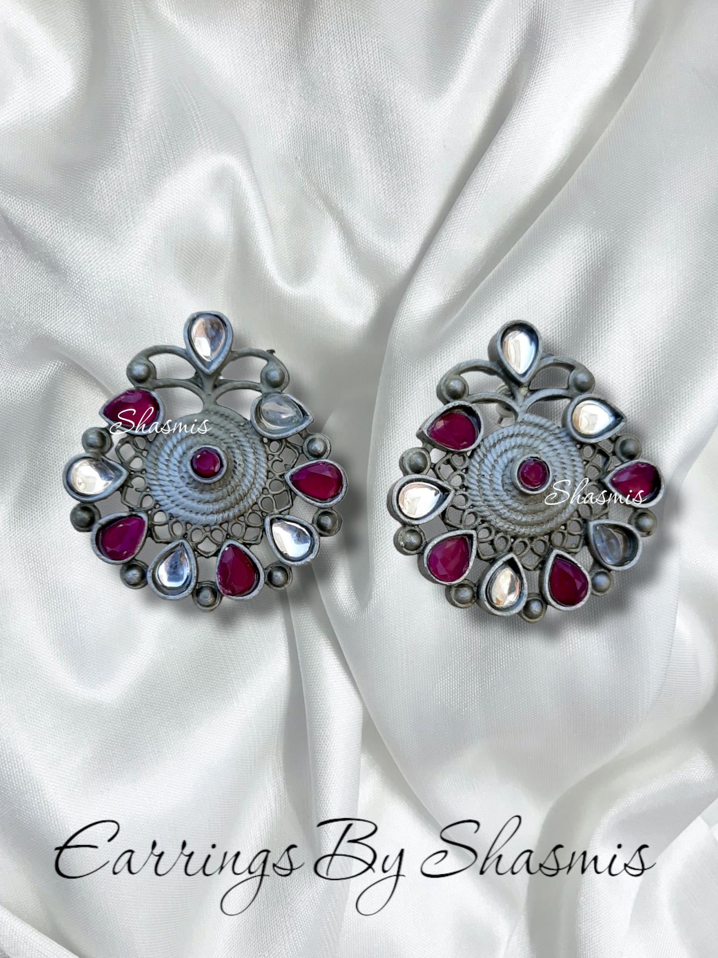 Silver Oxidised Pink Stone Earrings
