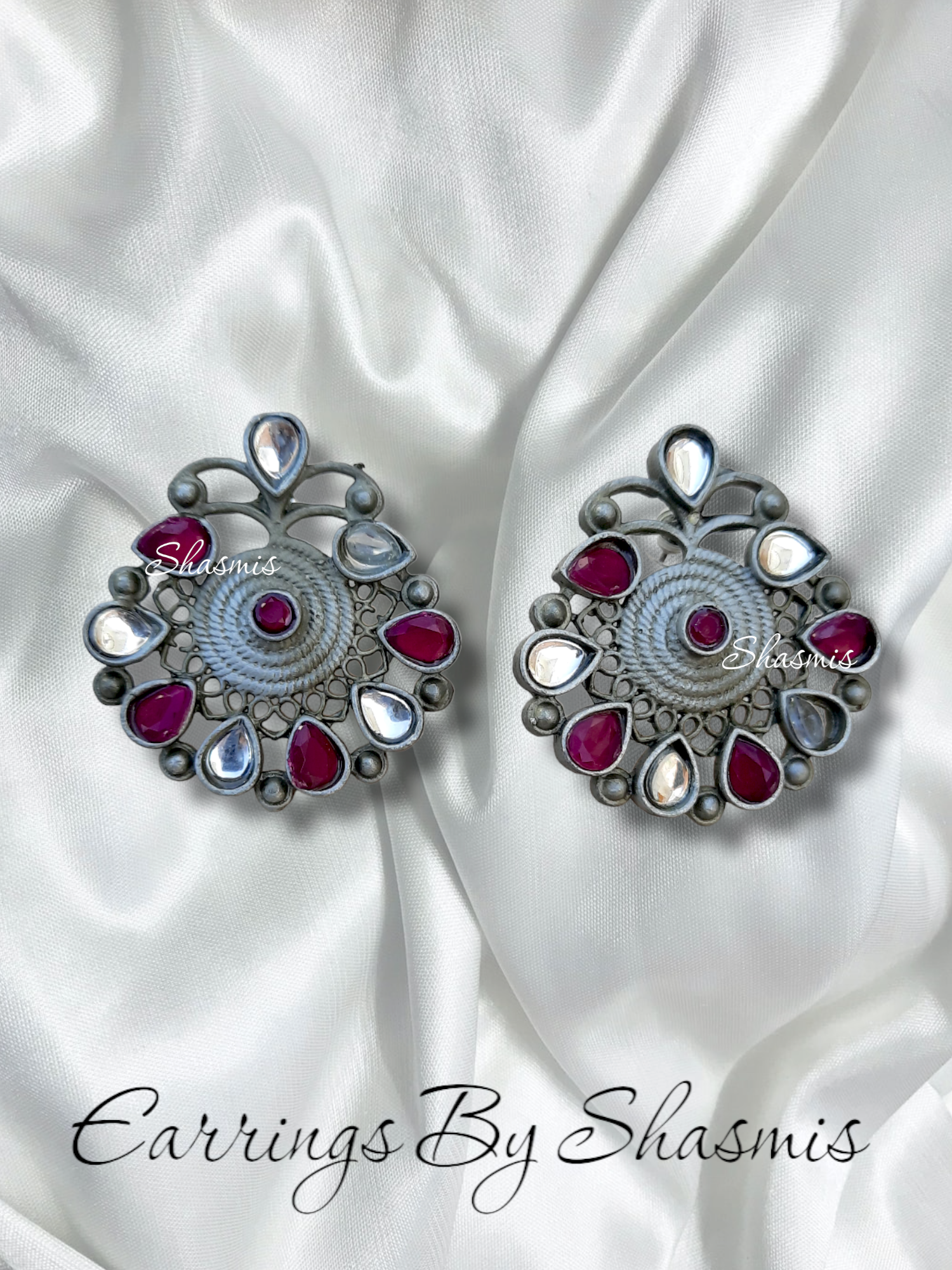 Silver Oxidised Pink Stone Earrings