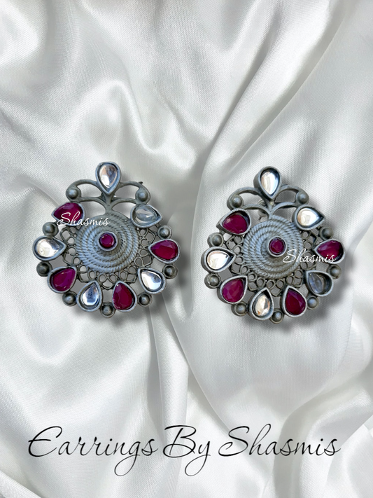 Silver Oxidised Pink Stone Earrings