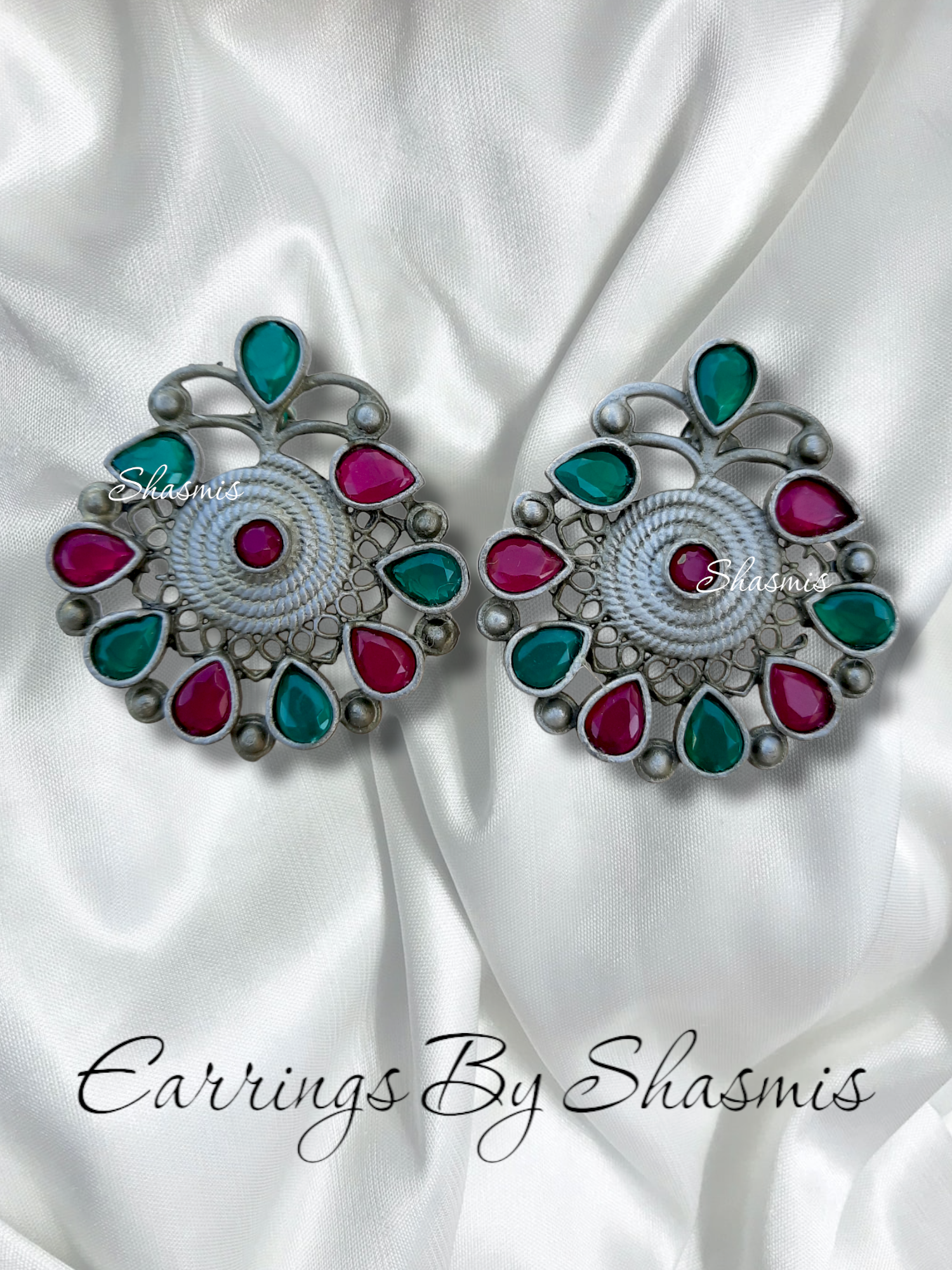 Magenta and Green Color Afghani Earrings