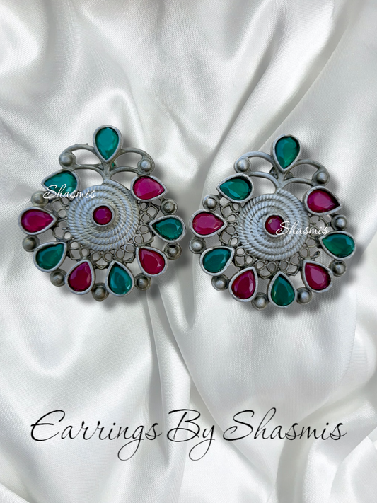 Magenta and Green Color Afghani Earrings