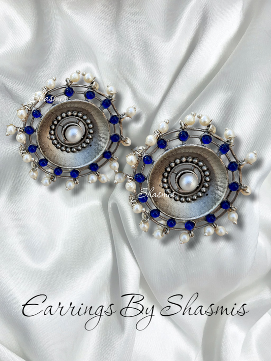 Blue Stone With Centre Pearl Silver Oxidised Earrings