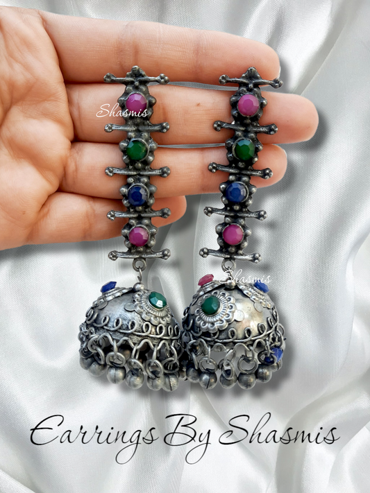 Multicolor Stones Long Drop Jhumka Earrings