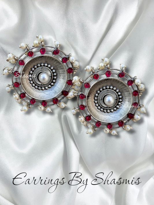 Red Color Stone Centre Pearl Earrings