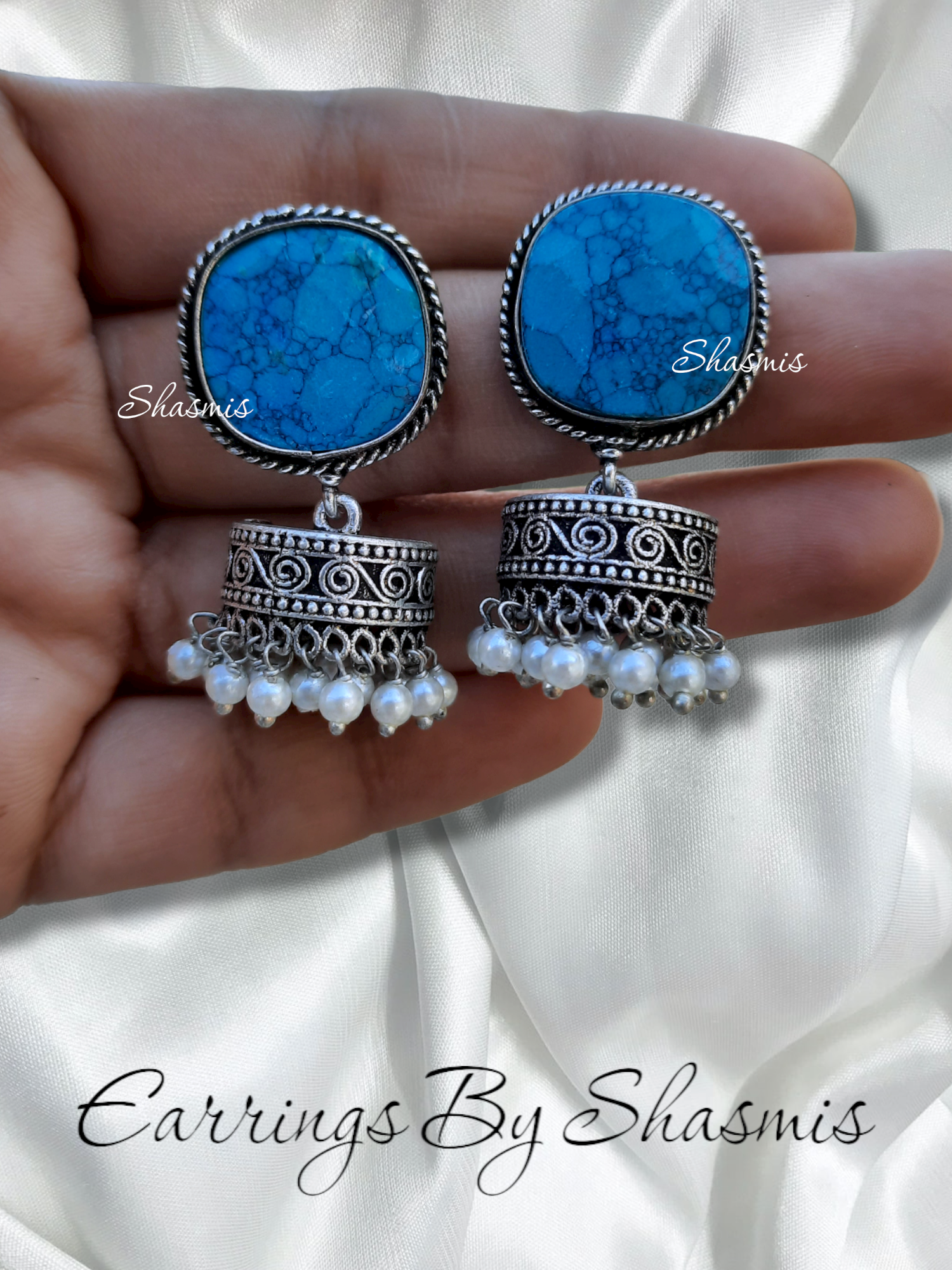 Torquoise Color Stone Silver Jhumka Earrings