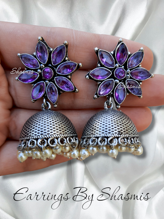 Voilet Color Flower Silver Jhumka Earrings
