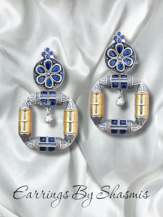 Blue Stone Square Shape Design With Ghungroo In Centre Earrings