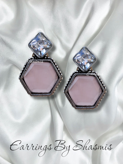 Baby Pink Color Stone Silver Earrings