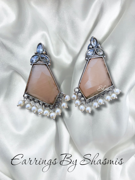 Beige Color Stone With Pearls On Drop Earrings