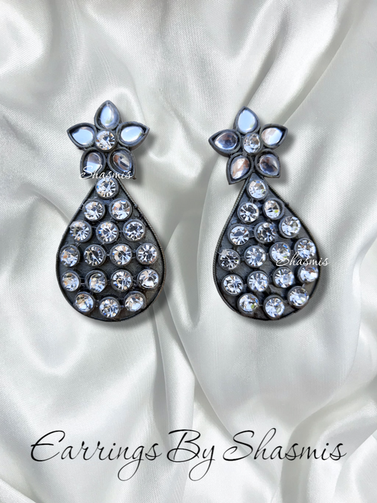 White Stones Tear Drop Silver Earrings