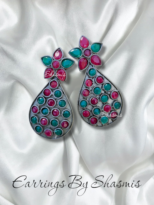 Pink and Green Tear Drop Silver Earrings