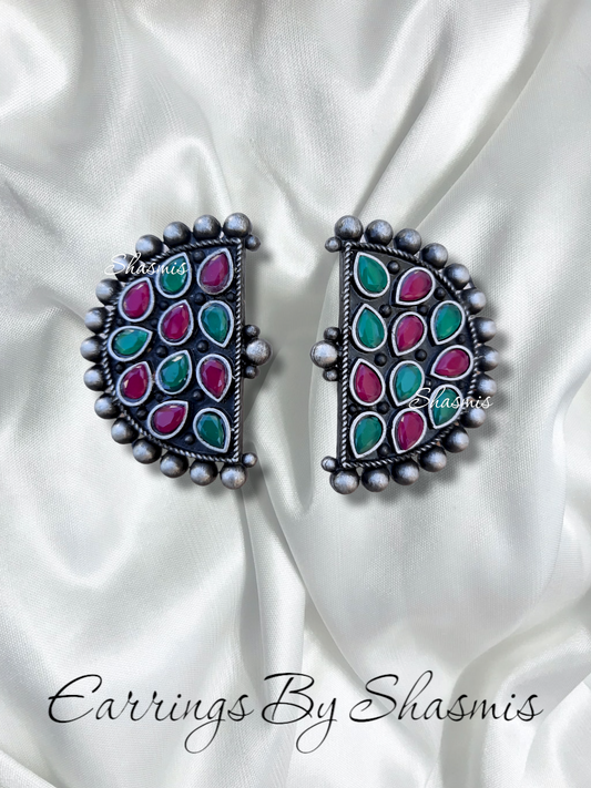 Pink and Green Color Stone D Shape Earrings