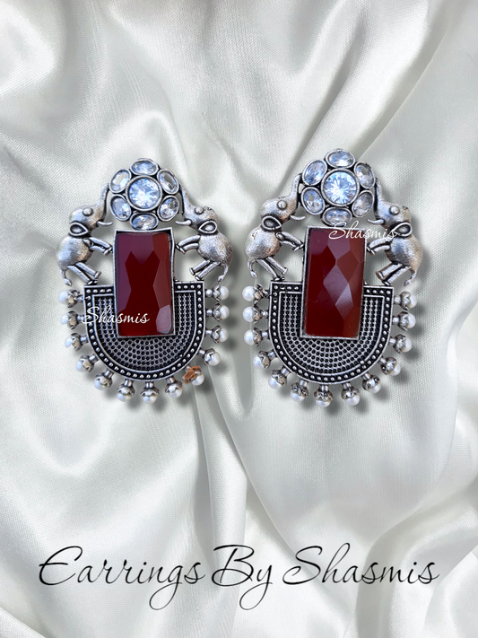 Maroon Color Stone Elephant Design Earrings