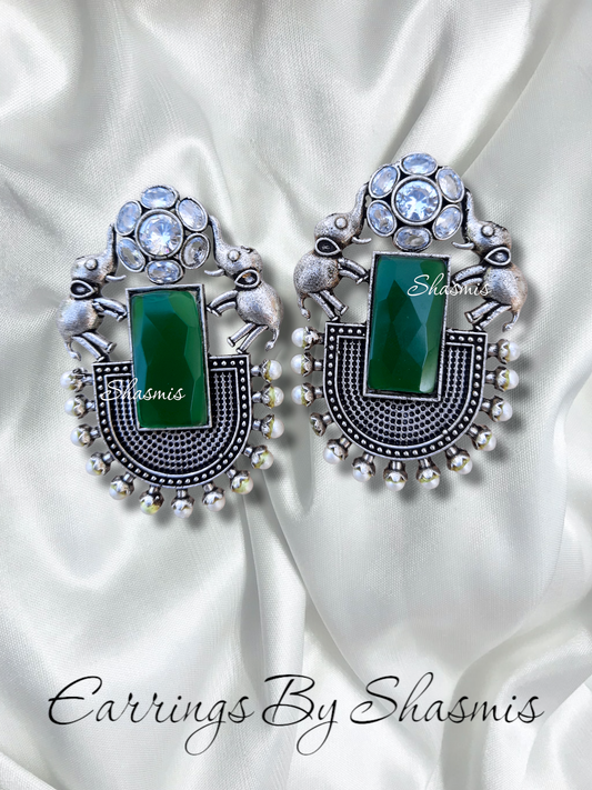 Green Color Stone Elephant Design Earrings