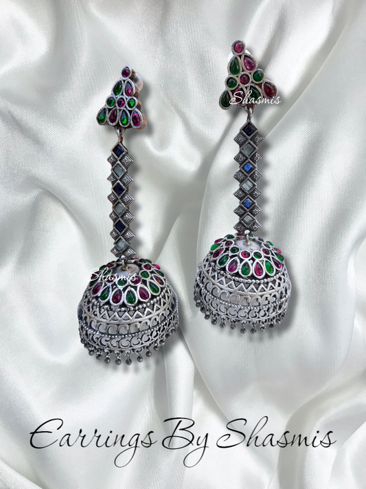 Long Drop Pink And Green Stone Earrings