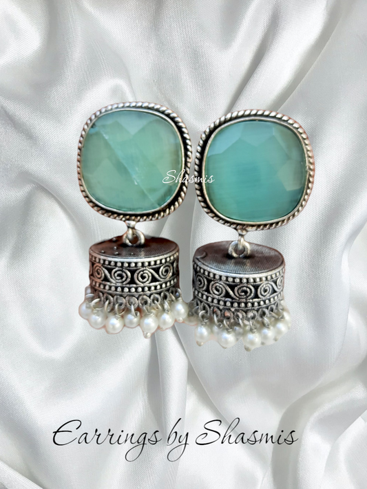 Mint Green Color Silver Jhumka Earrings