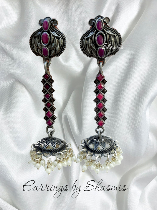 Long Drop Pink Color Jhumka Earrings