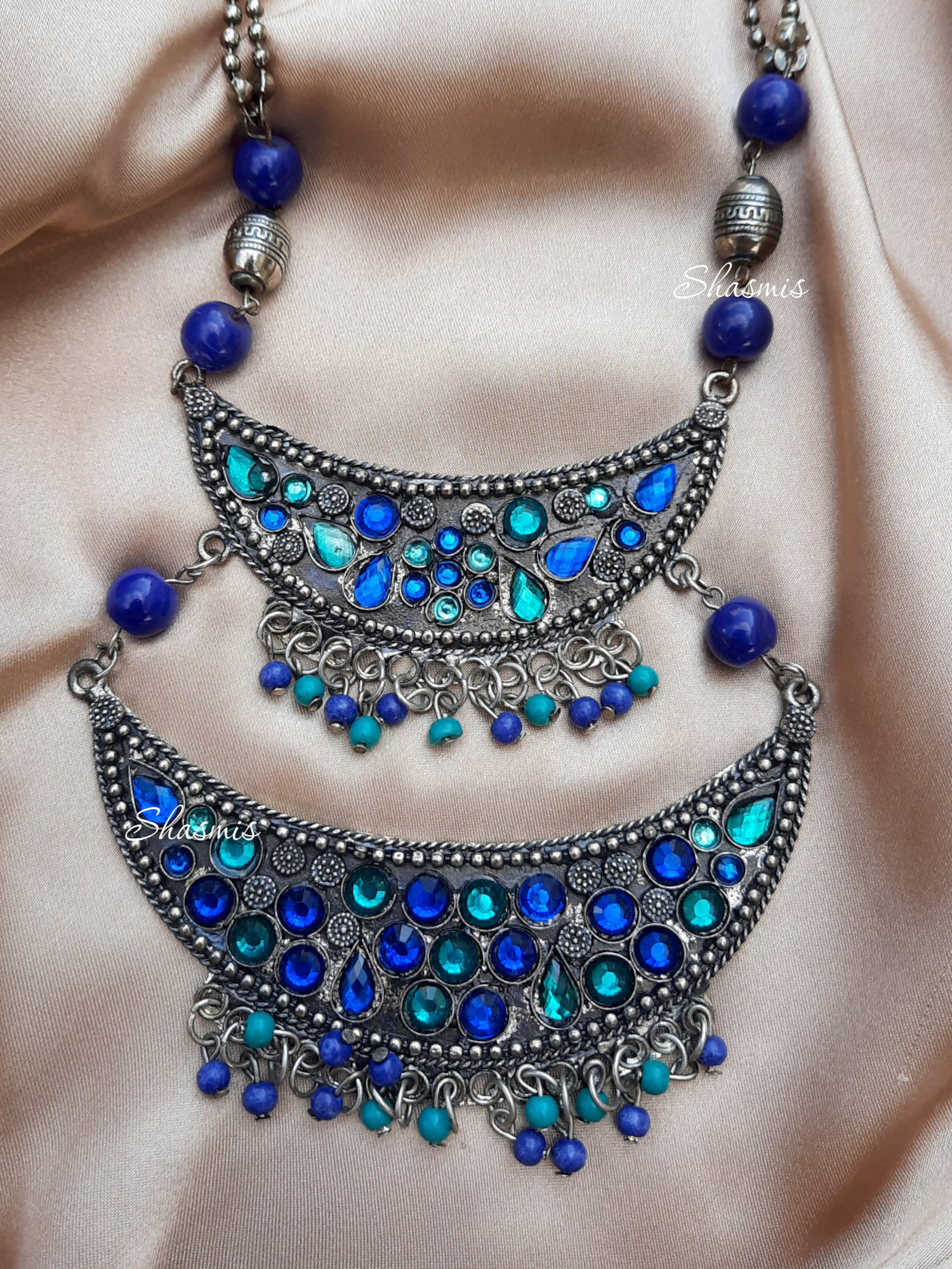 Blue Shade Double Pendent Long Necklace 