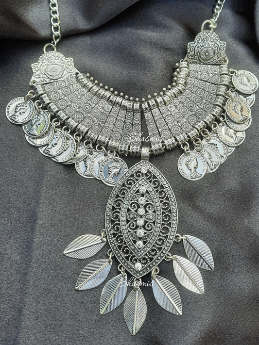 Wide Pendent Long Silver Necklace With Coin Design