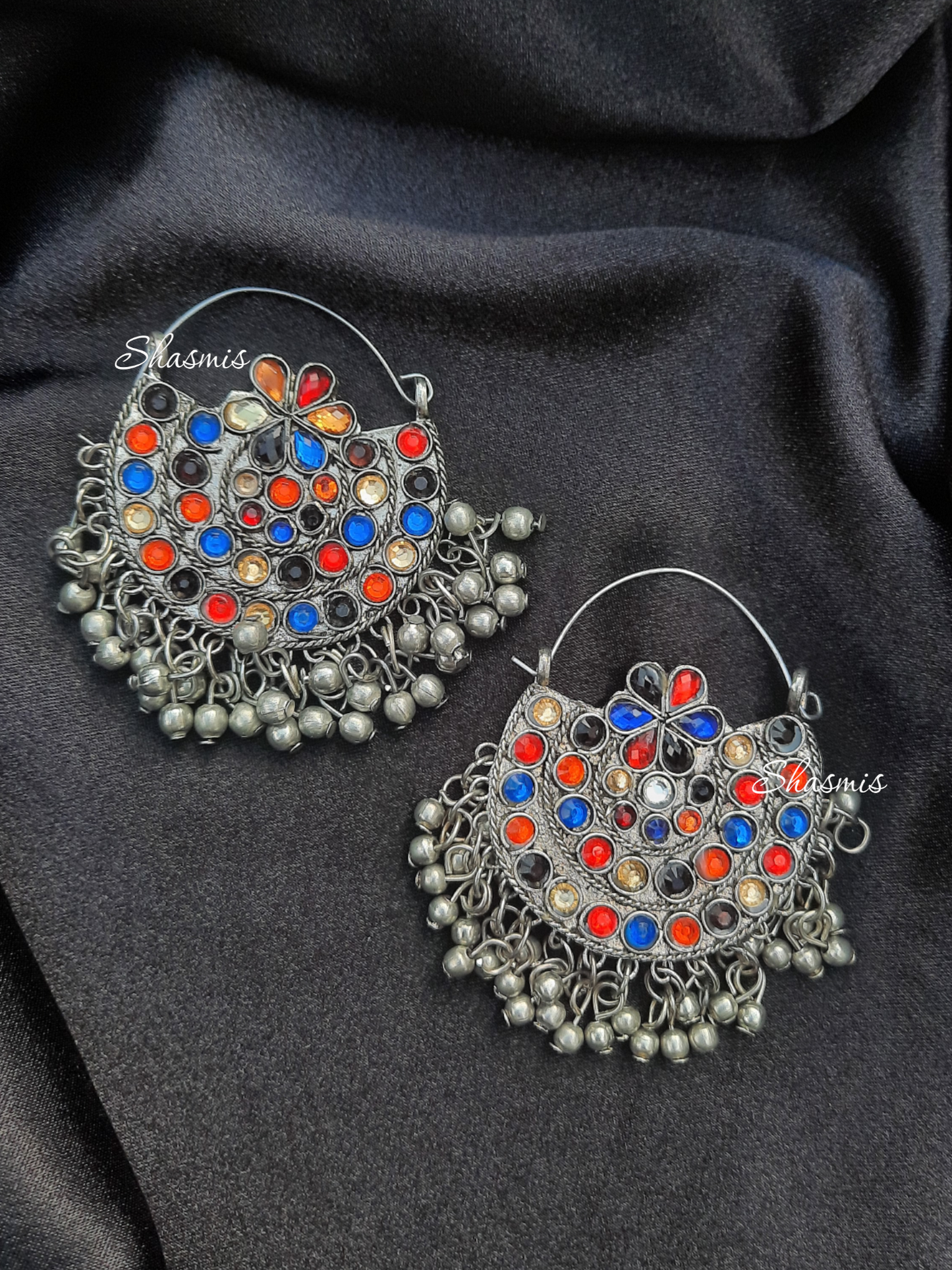 Color Stone Long Afghani Necklace With Earrings