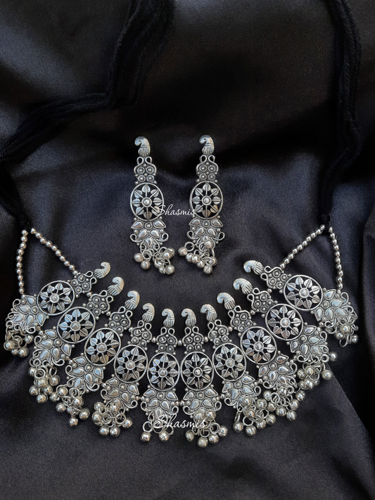 Silver Oxidised Design Statement Necklace with Earrings