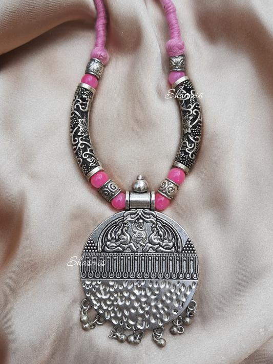 Pink Color Beads With Silver Round [Pendent And Ghungroo On Drop Necklace 