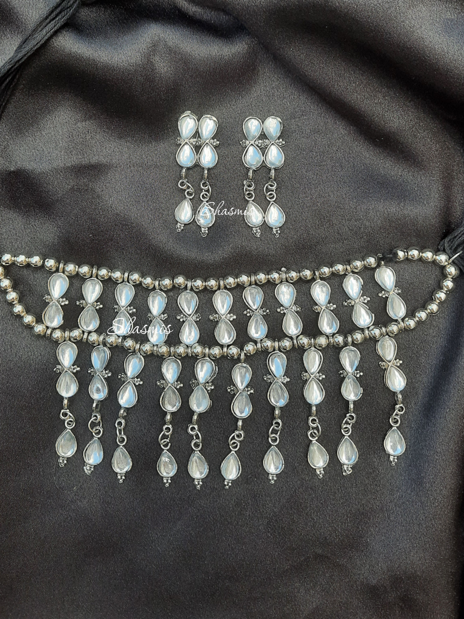 Silver Oxidised White Stone Wide Necklace 