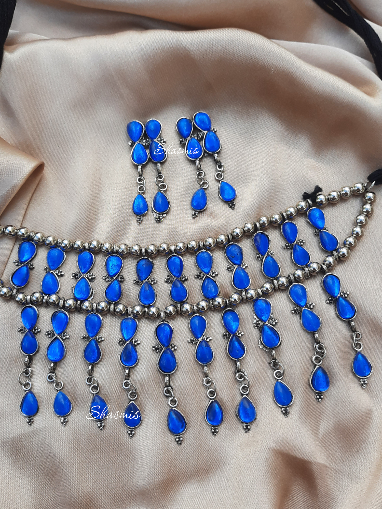 Blue Stone Wide Silver Oxidised Necklace With Earrings