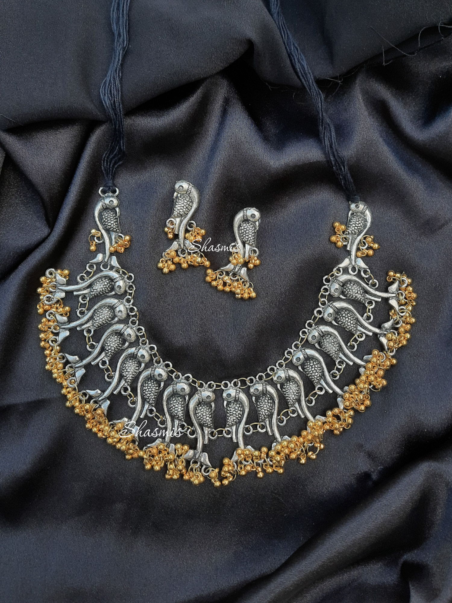 Silver Peacock Oxidised Necklace With Golden Ghungroo