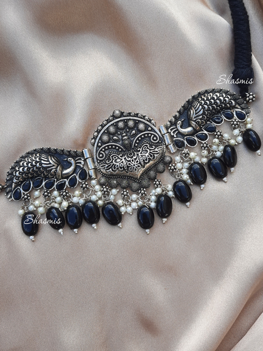 Black Kundan Beads With Silver Plated Necklace 