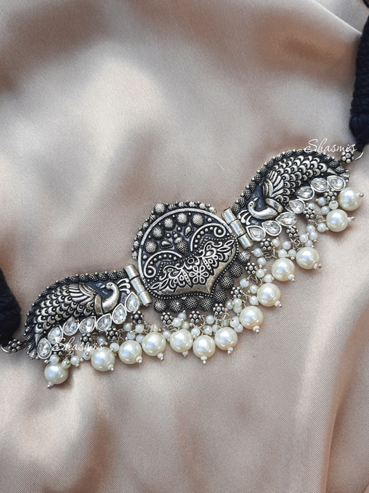 Pearls On Drop With White Stone German Silver Necklace